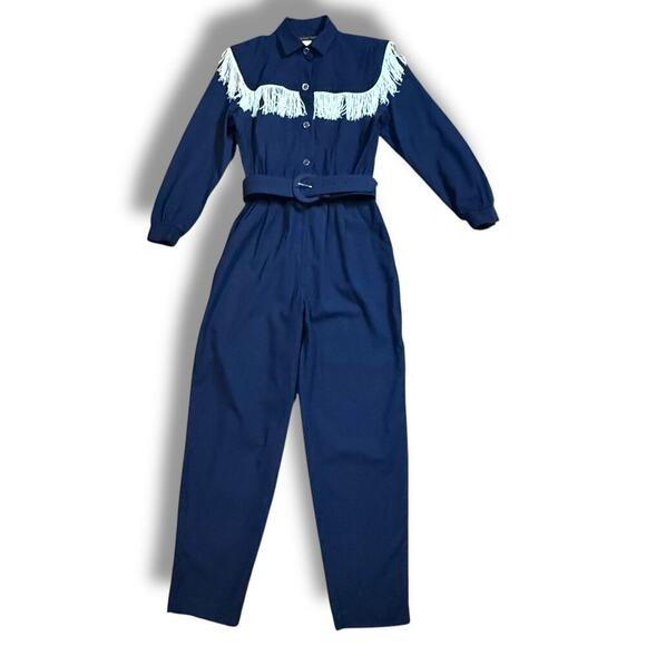 VTG Michael Phillips Western Jumpsuit Womens Navy White Fringe One Piece Sz 5 - Picture 1 of 12
